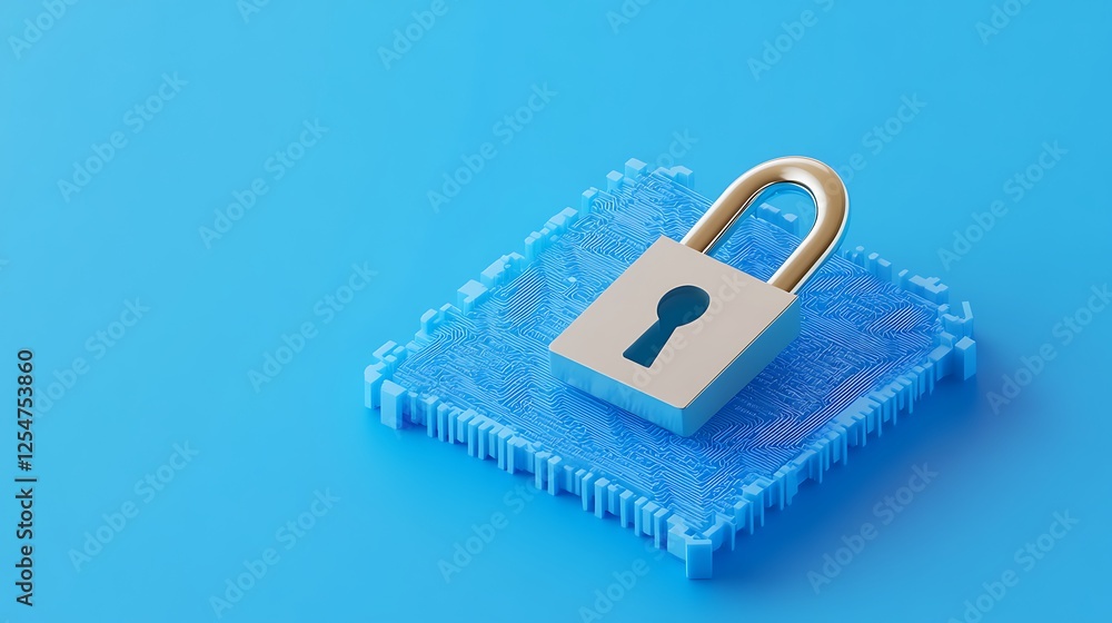 Poster digital security concept with a lock on a blue circuit board representing data protection and privac