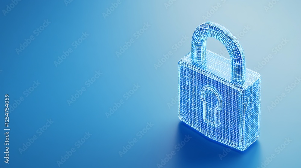 Poster digital security concept with a transparent wireframe padlock on a blue background for cyber safety 