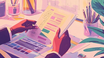 A hand flips through a financial freedom guide in a sleek workspace, accompanied by financial tools, charts, and a laptop representing wealth management.