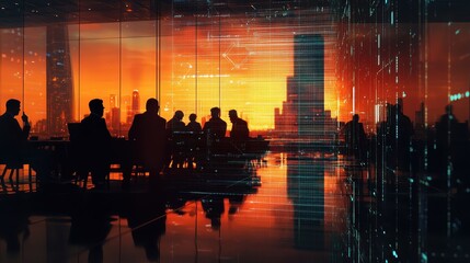 A group of people are sitting in a room with a city view