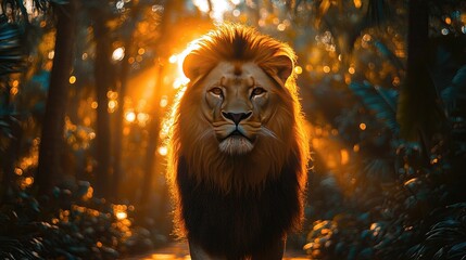 Majestic lion walking through a sunlit jungle, surrounded by lush greenery and vibrant light