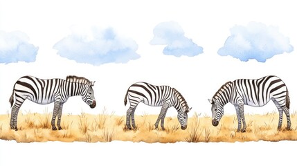 Three zebras grazing in a grassy field under a blue sky with fluffy clouds, depicting nature