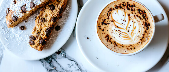 delicious cappuccino in ceramic cup, paired with chocolate chip biscuit, creates cozy atmosphere for coffee lovers