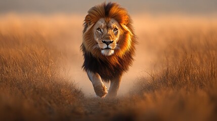 Majestic lion running through golden grasslands at sunset, showcasing its power and grace