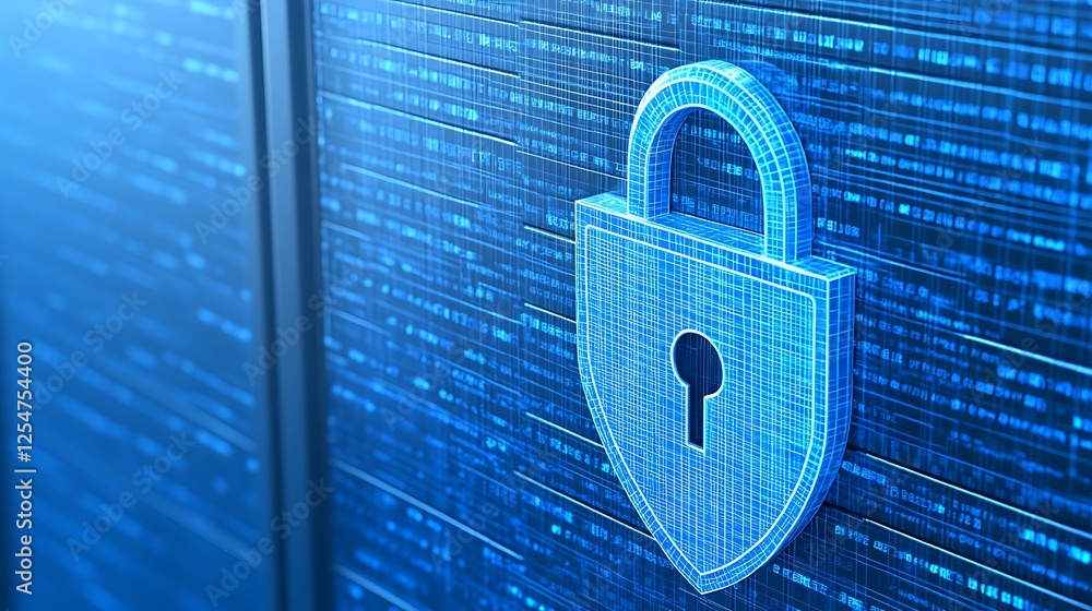 Poster digital security concept with blue lock icon on technology background representing cybersecurity and