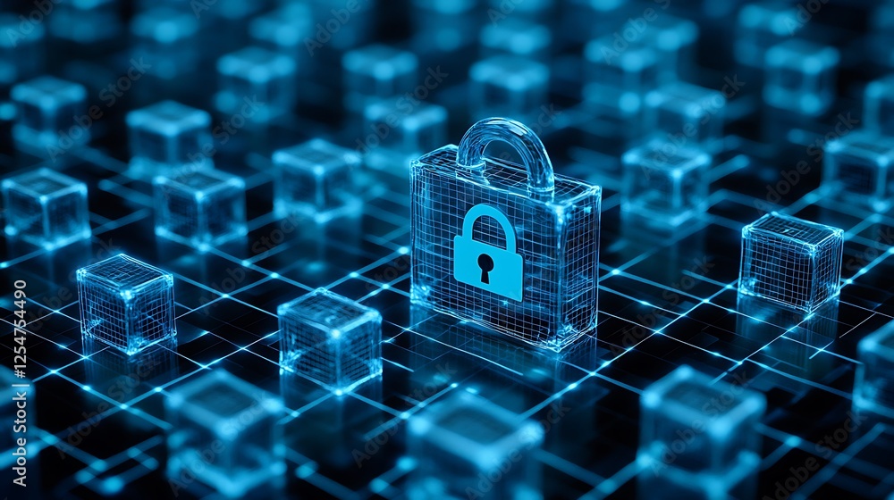 Aufkleber digital security concept with blue lock symbol enveloped by glowing data cubes in a modern cyber env