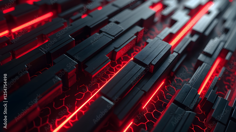 Poster abstract dark futuristic technology background with red glowing lines: high-tech cyberpunk style 3d 