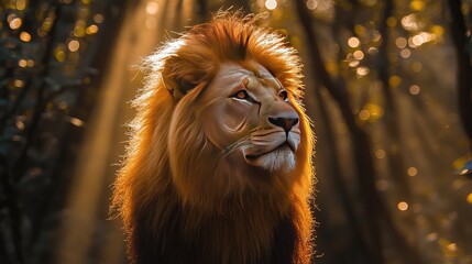 Majestic lion gazing into the distance amidst a sunlit forest, showcasing nature's beauty