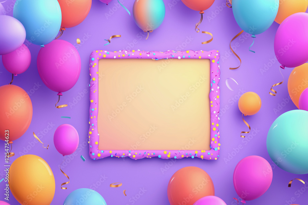 Poster frame with a blank space and a bunch of colorful balloons. the balloons are scattered around the fra