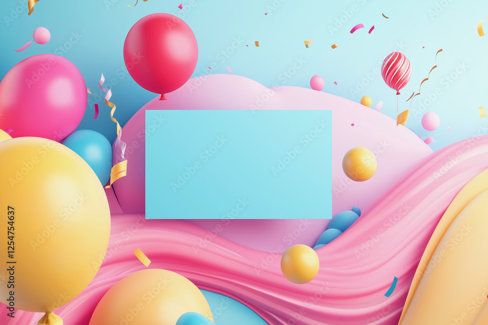 Poster colorful background with a blue square in the middle. the background is filled with balloons of diff