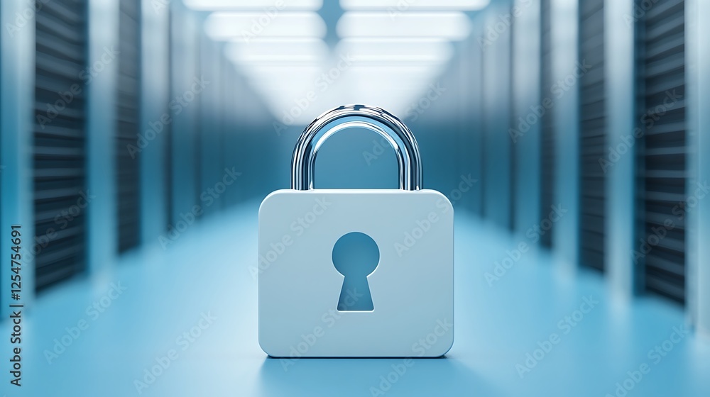 Aufkleber digital security concept with closed padlock in data center corridor representing cyber protection a