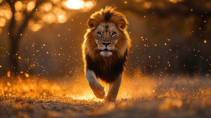 Majestic lion running through golden grass at sunset, capturing the essence of wildlife