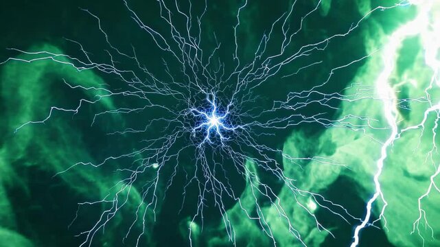 Dramatic nighttime nature photography capturing multiple forked lightning bolts against ominous storm clouds. 