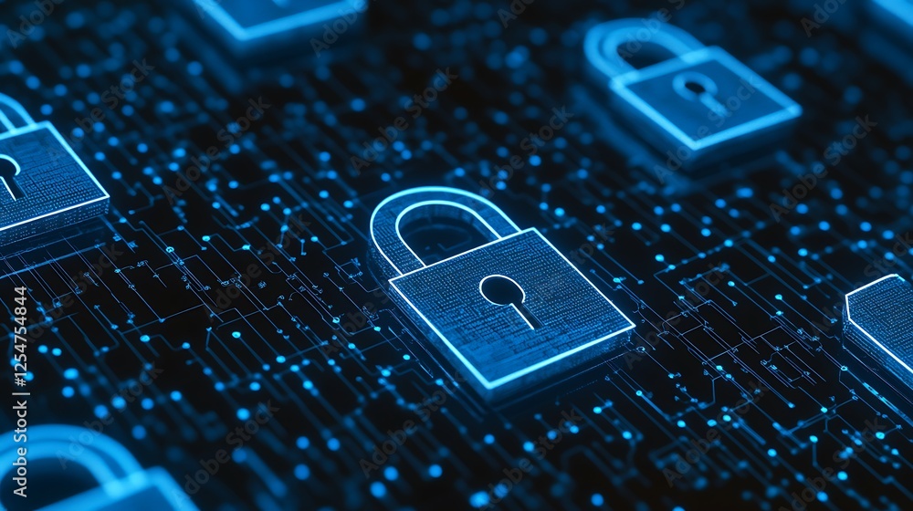 Fototapete digital security concept with glowing lock icons and abstract circuit board design in blue and black