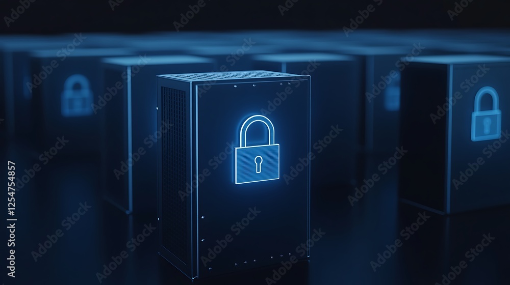 Poster digital security concept with glowing lock icons on dark storage units in a high-tech environment