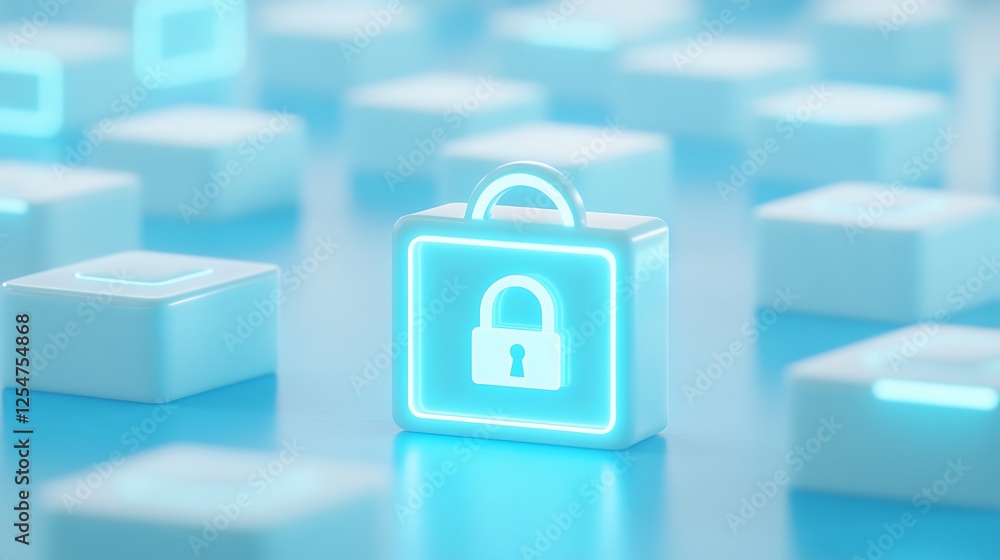 Poster digital security concept with glowing lock icon on keyboard blocks representing cyber protection and