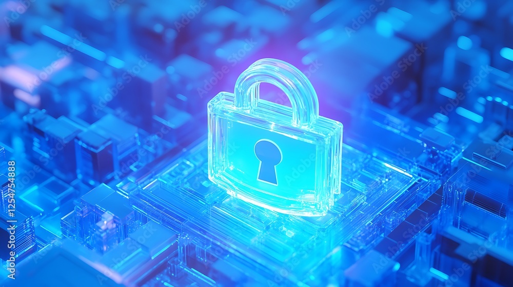 Poster digital security concept with glowing lock symbol on a circuit board background, representing data p