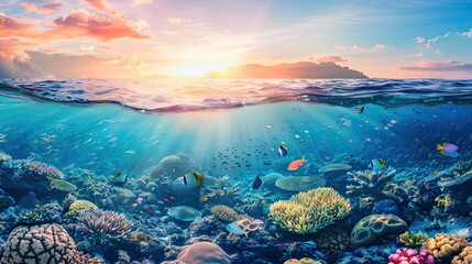 Long banner with underwater world and vivid sunset sky. Transparent deep water of the ocean or sea with rocks, fish and plants. AI Generated.
