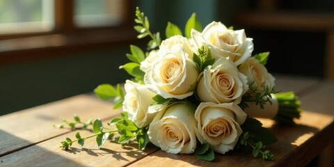 Obraz premium A delicate bouquet of creamy roses rests on a sun-drenched wooden surface, bathed in warm, natural light.