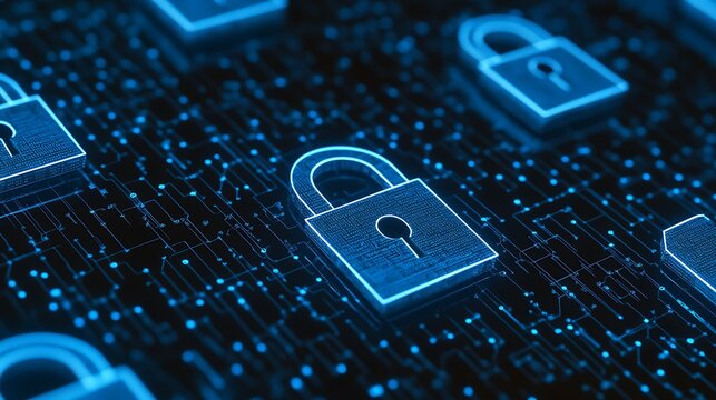 Digital Security Concept with Glowing Lock Icons and Abstract Circuit Board Design in Blue and Black Colors