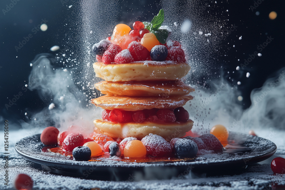 Poster stack of pancakes with fruit on top and powdered sugar on the bottom. the pancakes are piled high an