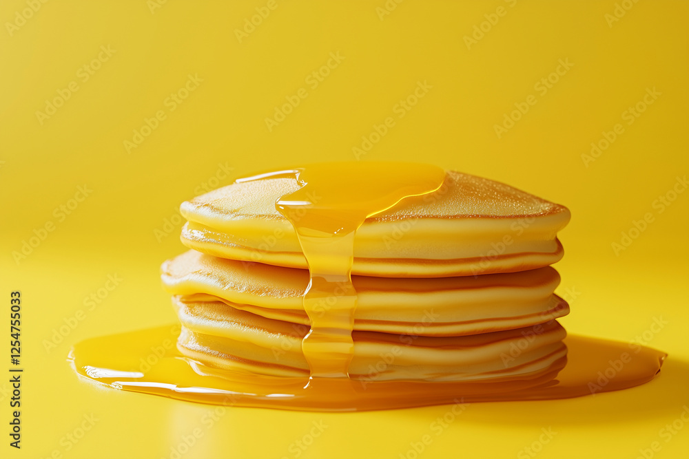 Poster stack of pancakes with a drizzle of syrup on top. the image has a warm and inviting mood, as the pan