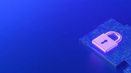 Digital security concept with glowing padlock on abstract technology background in blue and purple hues