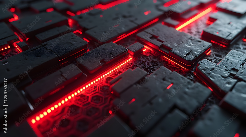 Poster abstract dark tech background: futuristic circuit board with red led lights | high-tech texture desi