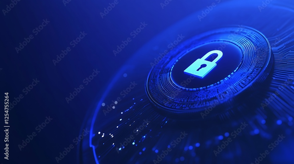 Poster digital security concept with lock icon and futuristic technology background in blue color scheme