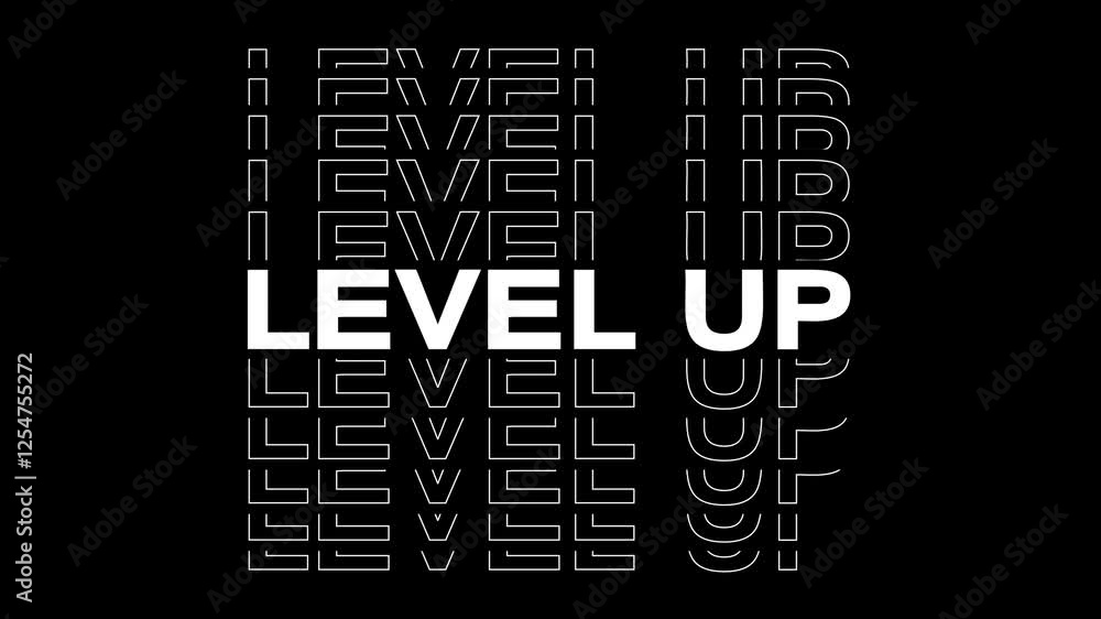 Poster video animation of level up title animation in white on a black background - seamless loop. suitable