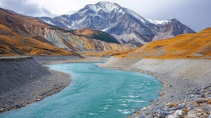 Serene river winding through autumnal mountains with dramatic peaks and clear skies