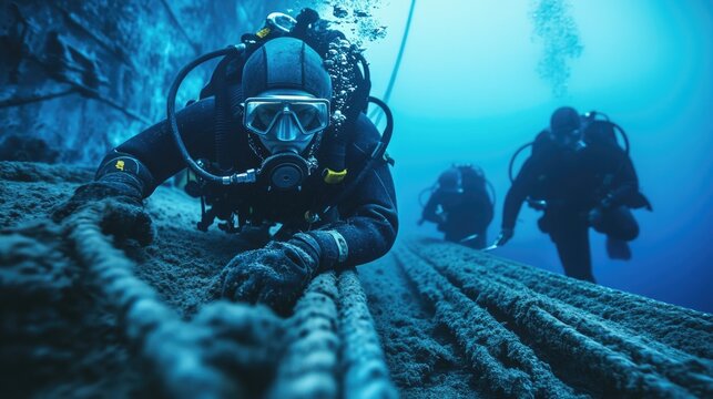Deep-sea divers exploring underwater shipwreck