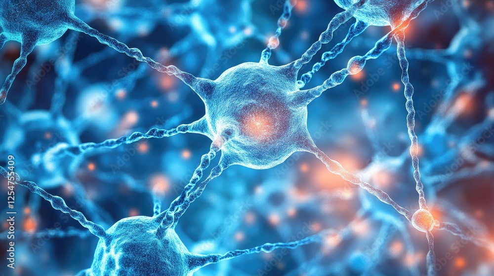 Poster abstract molecular network with dna, atoms, and neurons linked by lines and dots, symbolizing intric