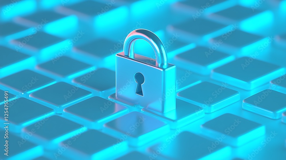 Poster digital security concept with lock icon on futuristic keyboard background in blue and teal tones