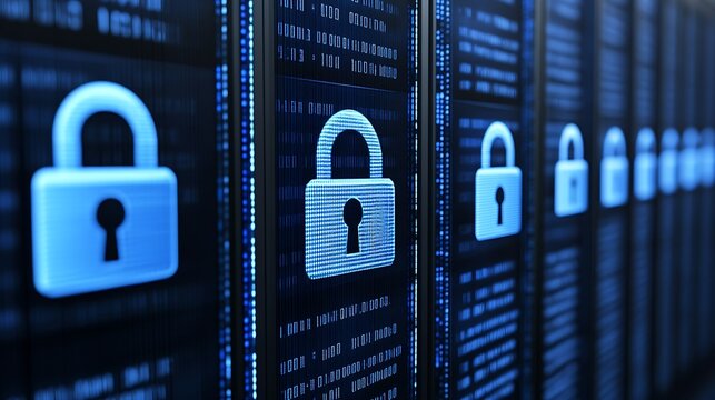 Digital Security Concept with Lock Icons and Binary Code Displayed on Server Screens for Cyber Protection
