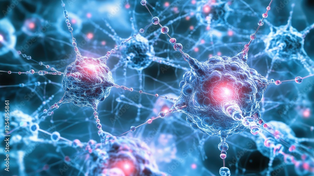 Poster abstract representation of molecular structure with dna, atoms, and neurons connected by lines and d