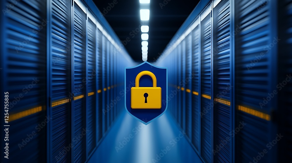 Poster digital security concept with lock symbol and server room background for data protection themes