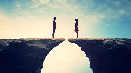 Silhouetted Couple on Cliff Edge: A Metaphor for Relationship Distance