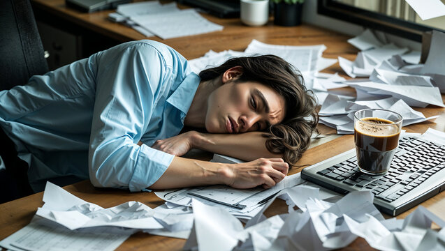 Exhausted Office Worker Sleeping at Desk Due to Burnout and Work Stress in a Corporate Setting - Powered by Adobe