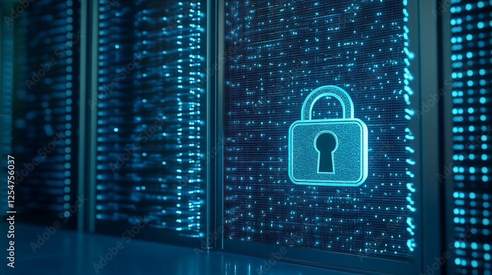 Poster digital security concept with lock symbol on a futuristic server background in blue and black tones