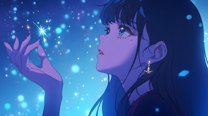 A beautiful girl with long hair, bangs and earrings looks at the sky full of stars in front of her while she is holding out one hand to touch it, Generative AI