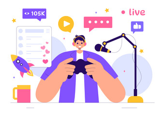 Video Game Streaming Vector Illustration featuring a Professional Cute Gamer Playing Online Games and Live Streaming on a Platform in a Background