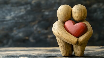 Wooden Figurines Embracing a Heart: A Symbol of Love and Unity