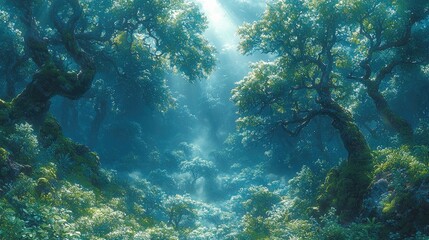 Fototapeta premium Enchanted forest with sunlight filtering through trees, lush vegetation, and ethereal atmosphere