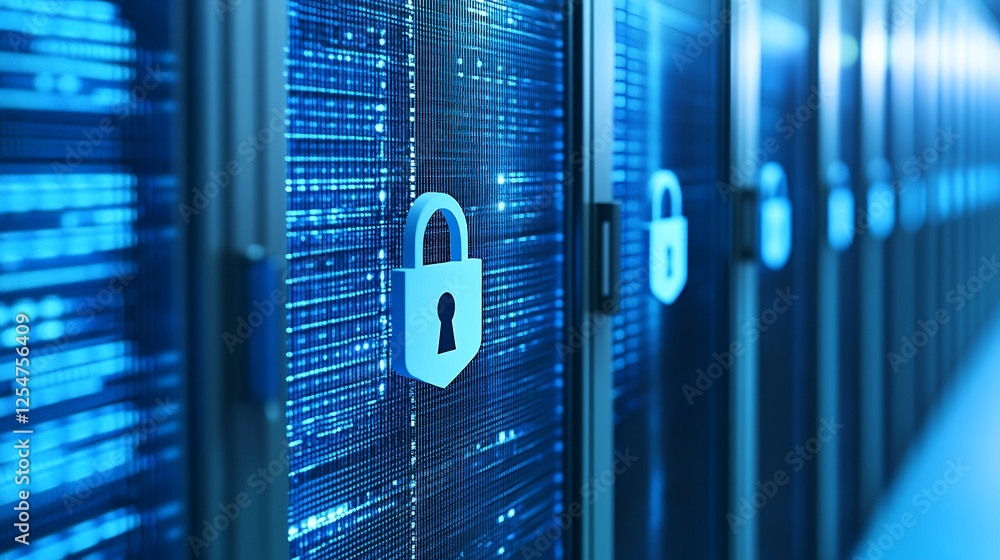 Poster digital security concept with lock symbol over data center background and blue light effects