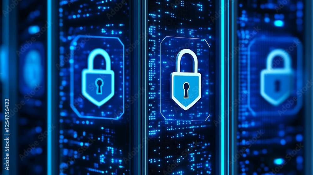 Poster digital security concept with lock symbols and data background in blue color scheme for cybersecurit