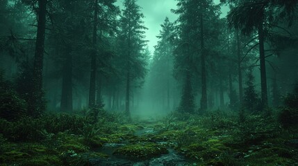 Fototapeta premium Serene misty forest landscape with lush greenery and a tranquil stream flowing through