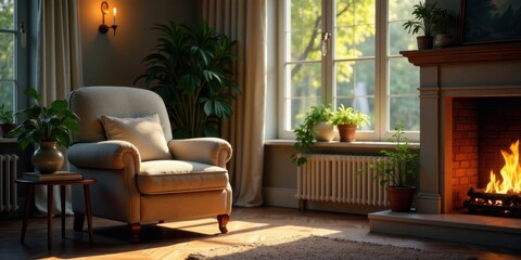 Relaxing Atmosphere in a Sunlit Living Room with a Cozy Fireplace and Comfortable Armchair
