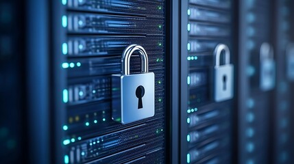 Digital security concept with locked data servers and glowing lights in a modern data center environment