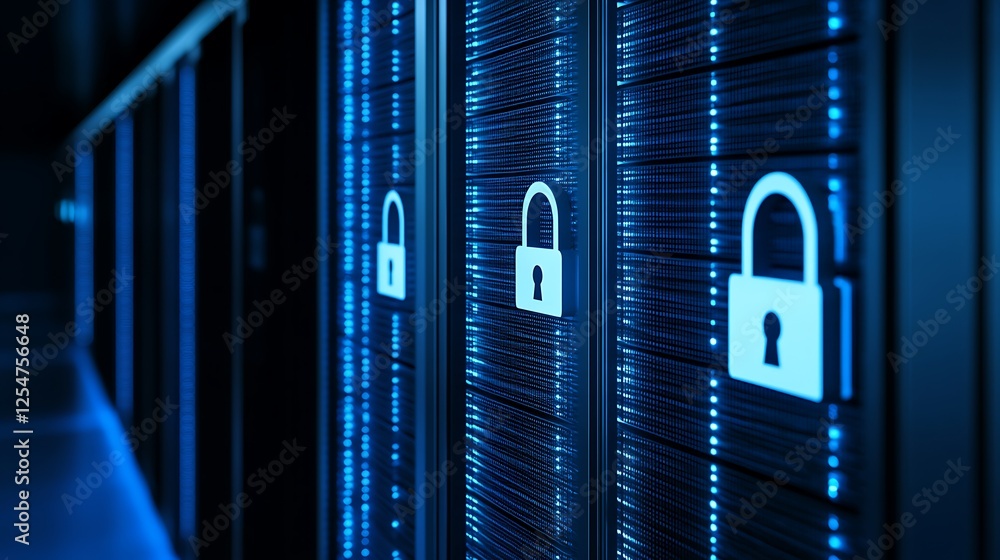 Poster digital security concept with locked servers in data center representing privacy and data protection